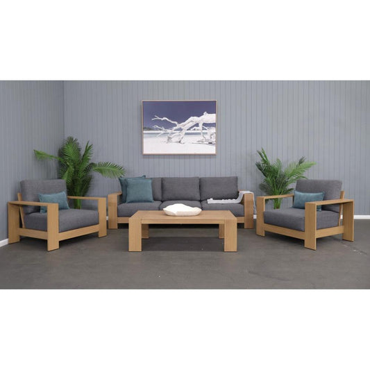 HAGEN 4-PIECE OUTDOOR LOUNGE SETTING WICKER ON ALUMINIUM FRAME TEAK LOOK FINISH/CHARCOAL CUSHIONS