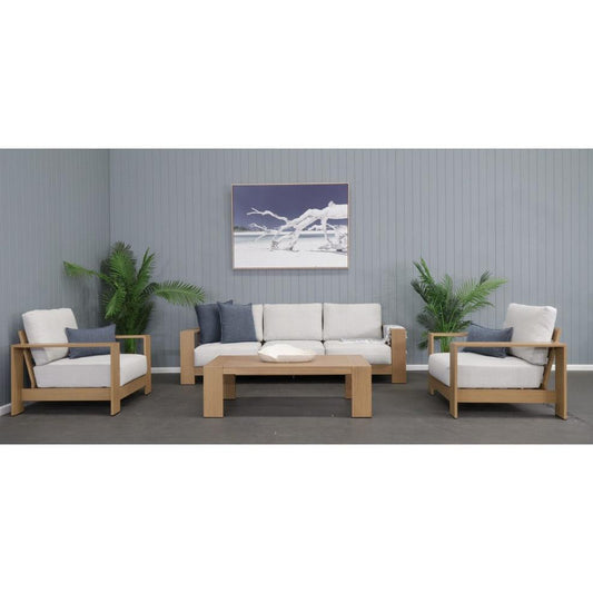 HAGEN 4-PIECE OUTDOOR LOUNGE SETTING WICKER ON ALUMINIUM FRAME TEAK LOOK/NATURAL CUSHIONS