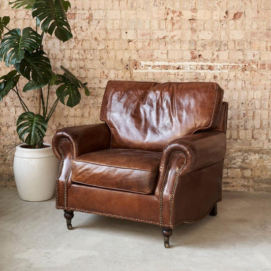 CHARLESTON AGED LEATHER ARMCHAIR IN ORIGINAL AGED LEATHER - MyChocolateWood
