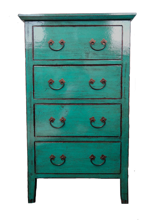 CHENGDU HCB010 CHINESE ANTIQUE RECYCLED  PINE TIMBER TALLBOY CHEST OF 4 DRAWERS TEAL