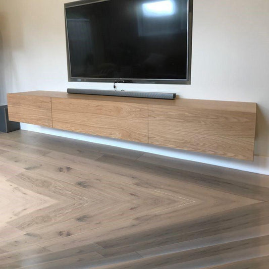 CLAUDE SOLID AMERICAN OAK TV/ENTERTAINMENT UNIT 2 DRAWERS & CENTER DROP DOWN - MyChocolateWood