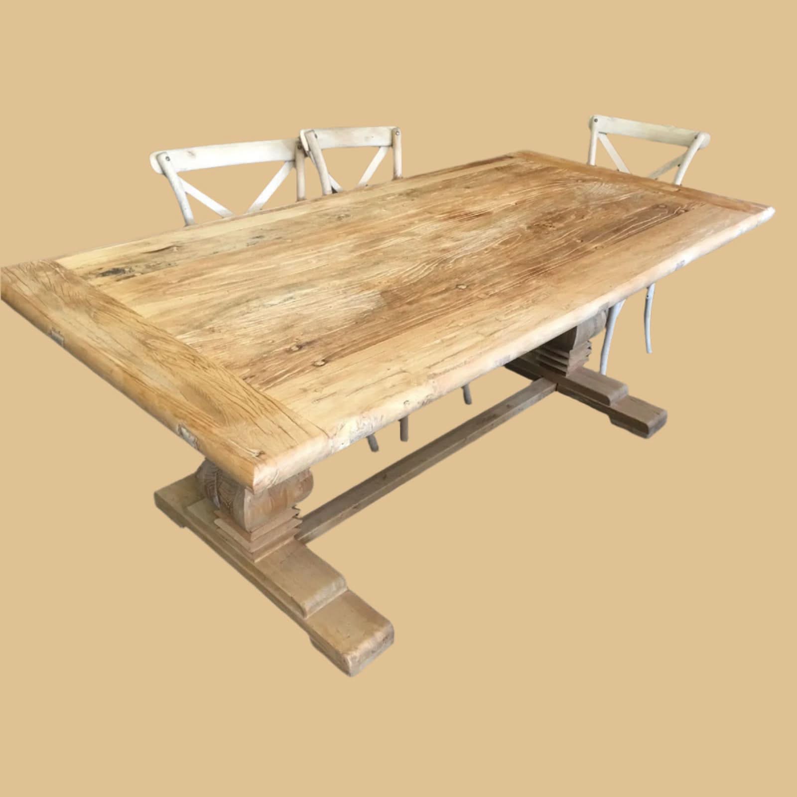 CLIFTON RUSTIC RECYCLED ELM DINING TABLE HAMPTONS STYLE 250CM - NATURAL DRIFTWOOD - MyChocolateWood