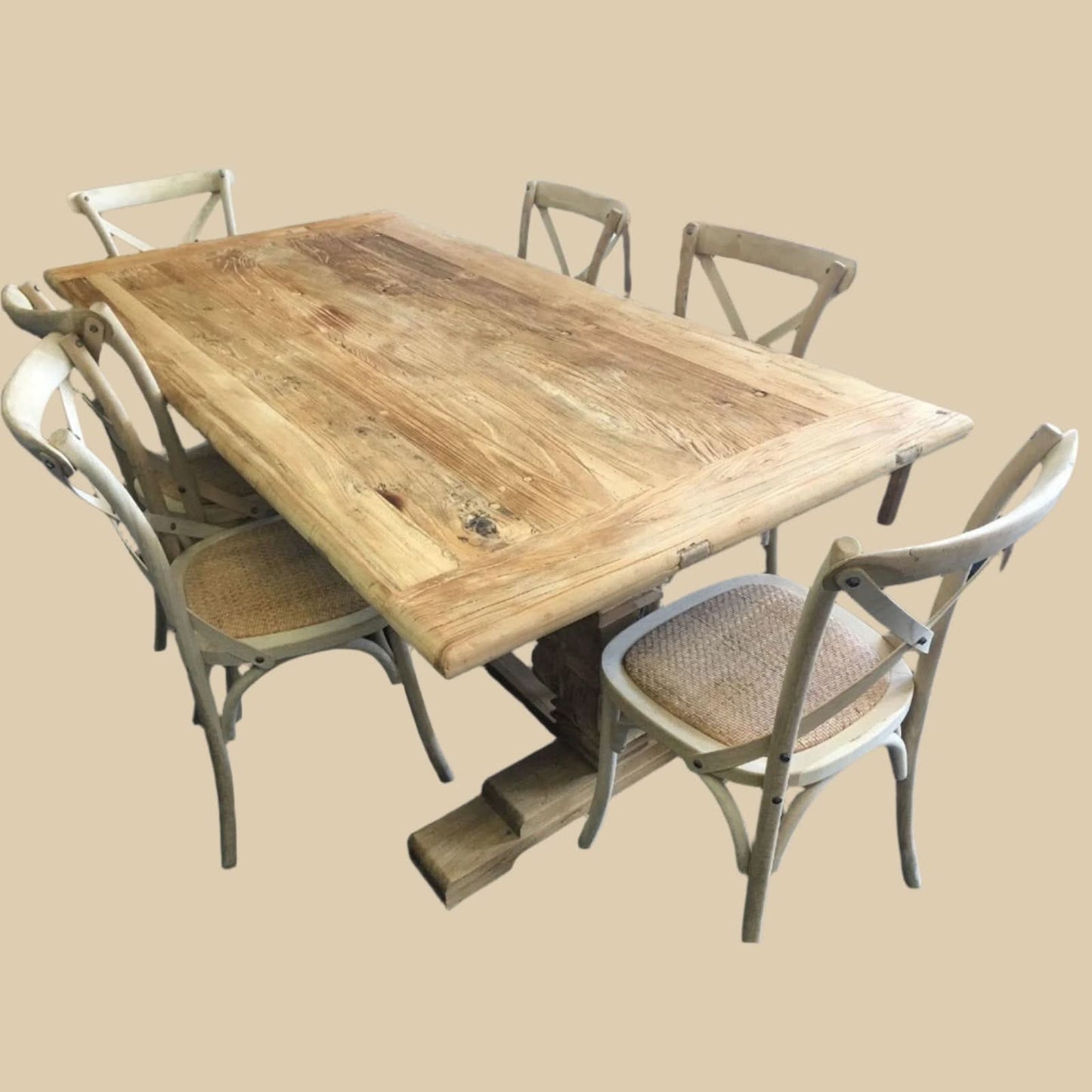 CLIFTON RUSTIC RECYCLED ELM DINING TABLE HAMPTONS STYLE 250CM - NATURAL DRIFTWOOD - MyChocolateWood