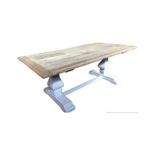 CLIFTON RUSTIC RECYCLED ELM DINING TABLE HAMPTONS STYLE 250CM - NATURAL DRIFTWOOD TOP/WHITE PEDESTAL - MyChocolateWood