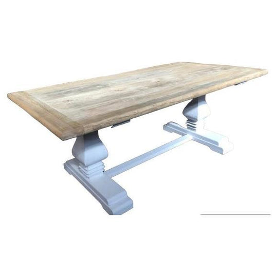 CLIFTON RUSTIC RECYCLED ELM DINING TABLE HAMPTONS STYLE 250CM - NATURAL DRIFTWOOD TOP/WHITE PEDESTAL - MyChocolateWood