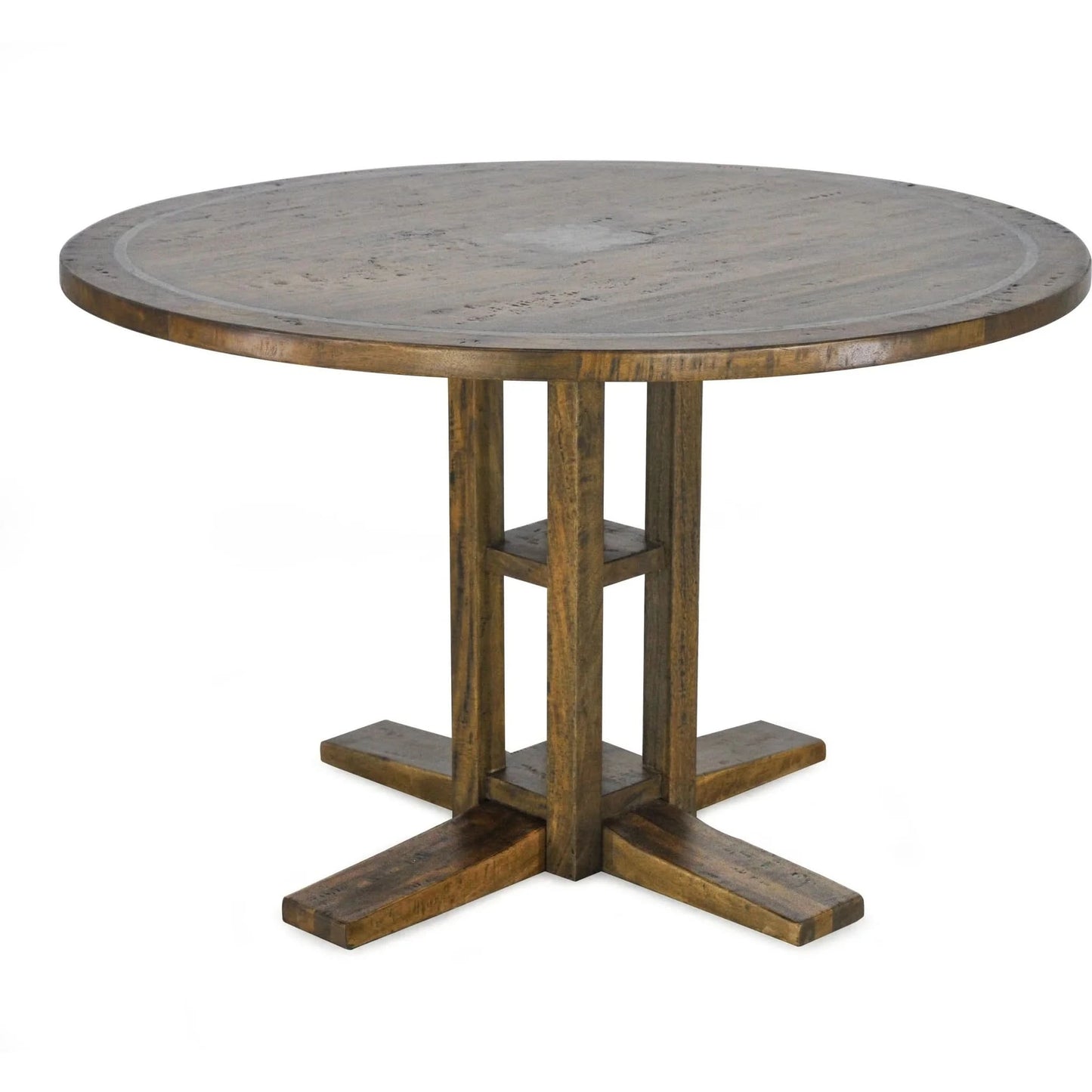 CLOVER ROUND SOLID MANGO WOOD DINING TABLE NIBBLED ALBANY RUSTIC EXTREME COLOUR 152CM - MyChocolateWood