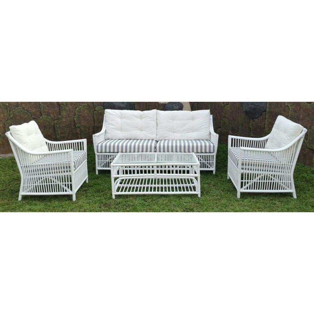 COLUMBUS WHITE RATTAN LOUNGE CHAIR/ ACCENT CHAIR/ ARMCHAIR W/ STRIPED CUSHION - MyChocolateWood