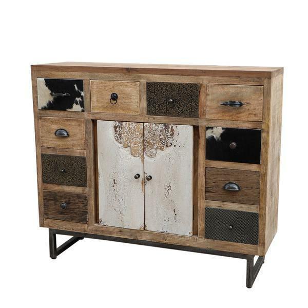 COWHIDE & MANGO HARDWOOD CHEST OF 10 DRAWERS BOHO PATCHWORK BEACHSIDE HAMPTONS - MyChocolateWood