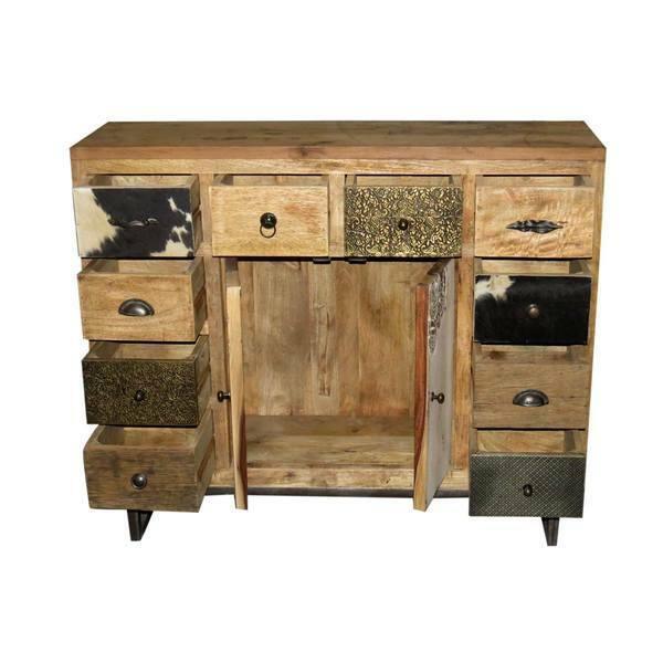 COWHIDE & MANGO HARDWOOD CHEST OF 10 DRAWERS BOHO PATCHWORK BEACHSIDE HAMPTONS - MyChocolateWood