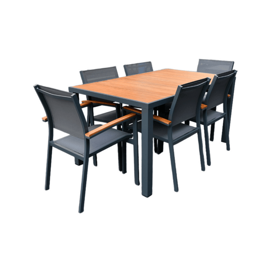 CREWE 7PCE DINING SETTING HIGH QUALITY ALUMINIUM/EUCALYPTUS - MyChocolateWood