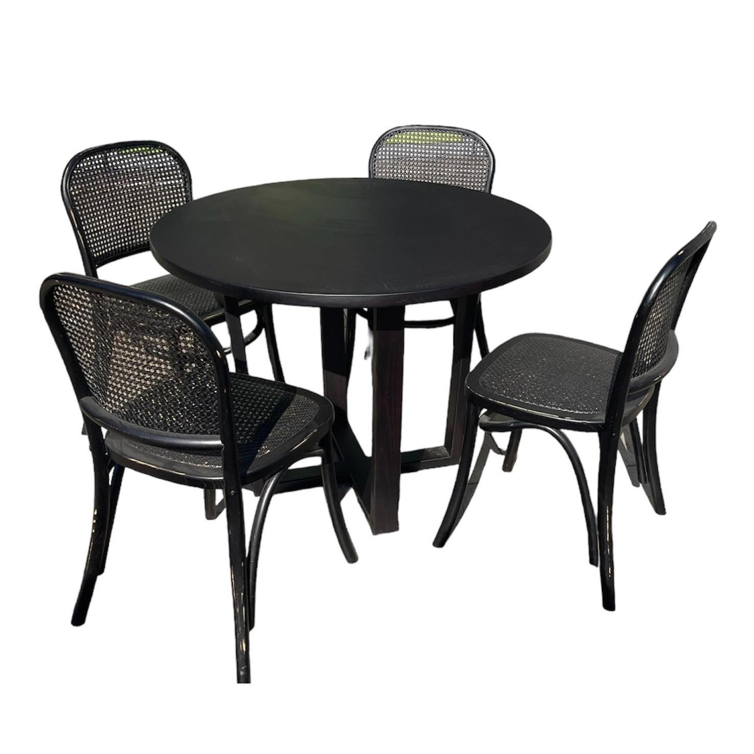 CUSTOM MADE FELINI ROUND DINING TABLE IN SOLID TASSIE OAK 1000MM IN SOLID BLACK + 4 X BERMUDA DINING CHAIR IN DISTRESSED BLACK - MyChocolateWood