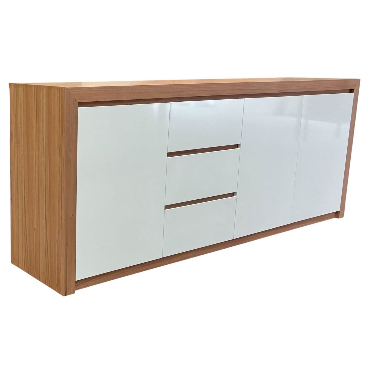 CUSTOM MADE JANE BUFFET TASSIE OAK IN CLEAR LACQUER WITH 3 DOORS & 3 DRAWERS IN WHITE POLYURETHANE - MyChocolateWood
