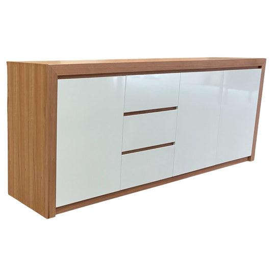 CUSTOM MADE JANE BUFFET TASSIE OAK IN CLEAR LACQUER WITH 3 DOORS & 3 DRAWERS IN WHITE POLYURETHANE - MyChocolateWood