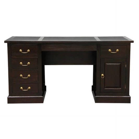 DAKOTA HANDCRAFTED SOLID MAHOGANY TIMBER WRITING DESK WITH LEATHERETTE TOP 160CM- CHOCOLATE - MyChocolateWood
