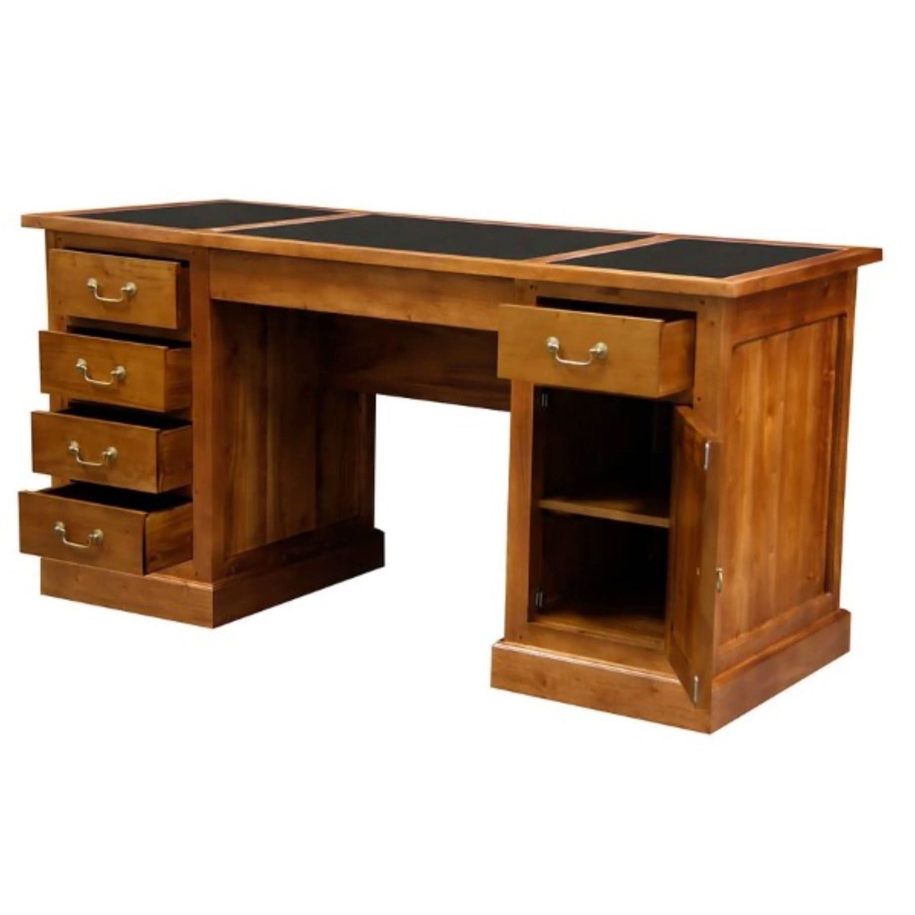 DAKOTA SOLID MAHOGANY TIMBER 160CM WRITING DESK WITH LEATHERETTE TOP - LIGHT PECAN - MyChocolateWood