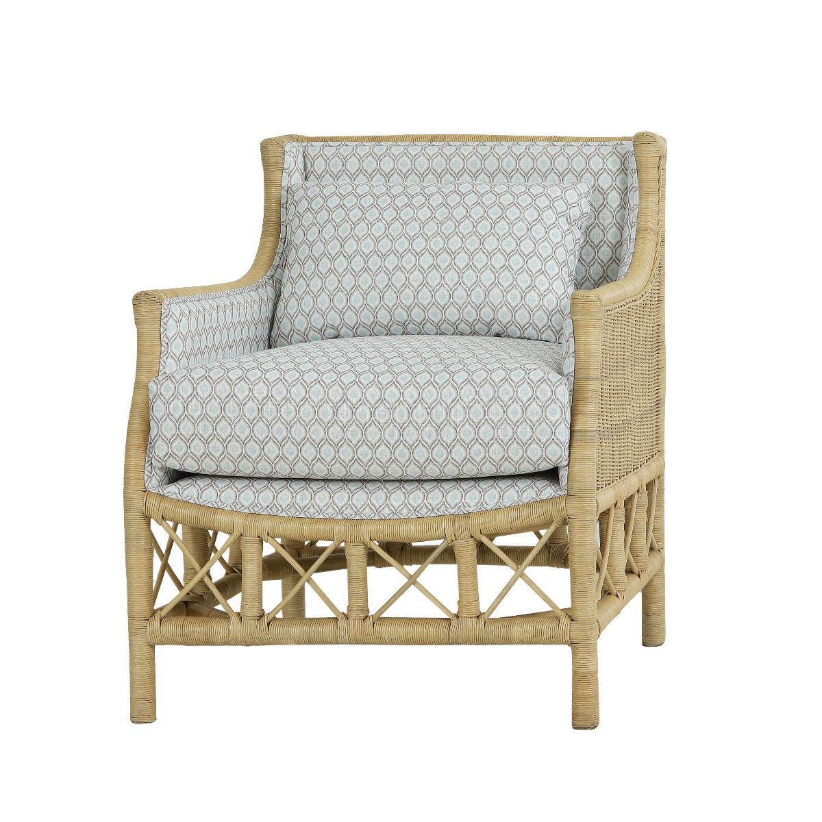 DELON ARMCHAIR NATURAL RATTAN FRAME /GREY PATTERNED UPHOLSTERY