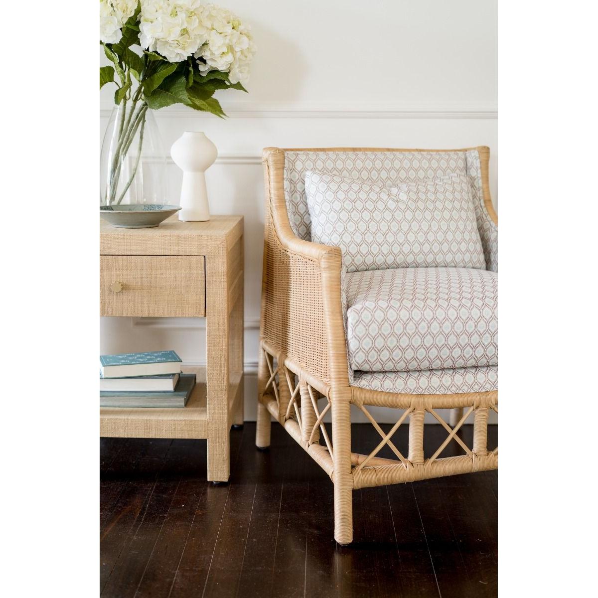 DELON ARMCHAIR NATURAL RATTAN FRAME /GREY PATTERNED UPHOLSTERY