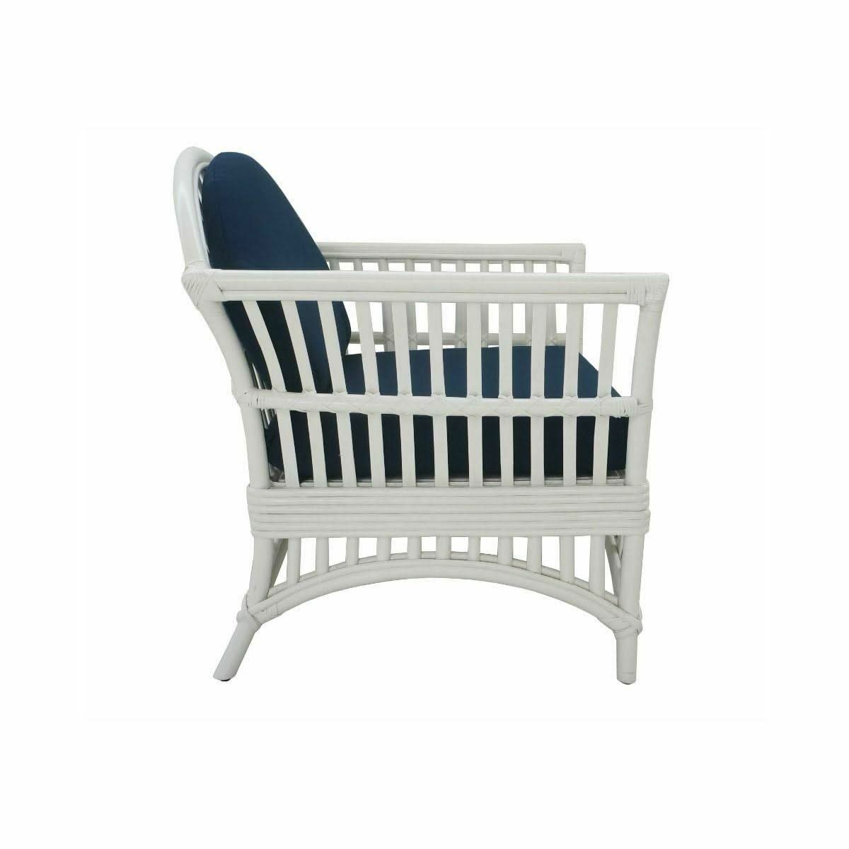DENIZE HAMPTONS RATTAN ARMCHAIR EASY CHAIR WHITE WITH NAVY CUSHION - MyChocolateWood
