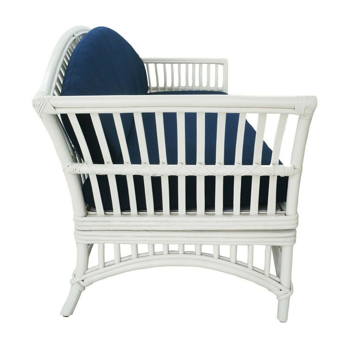 DENIZE WHITE RATTAN 2.5 SEATER SOFA SETTEE COUCH WHITE / NAVY CUSHION - MyChocolateWood
