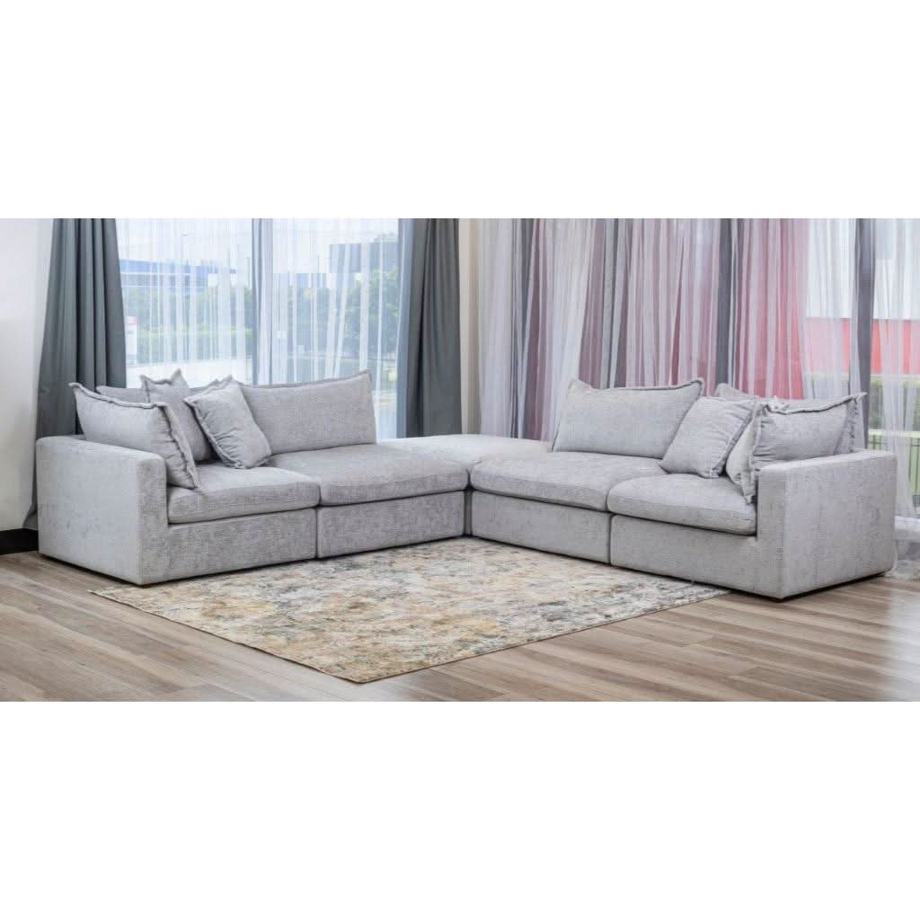 DEVINE CORNER LOUNGE SET WITH OTTOMAN SILVER COLOURED FABRIC - MyChocolateWood
