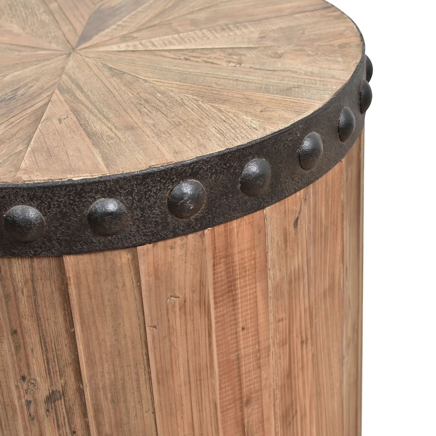 DUNLOE RECLAIMED ELM DRUM PARQUET SIDE TABLE LAMP TABLE NATURAL & IRON ACCENTS - MyChocolateWood