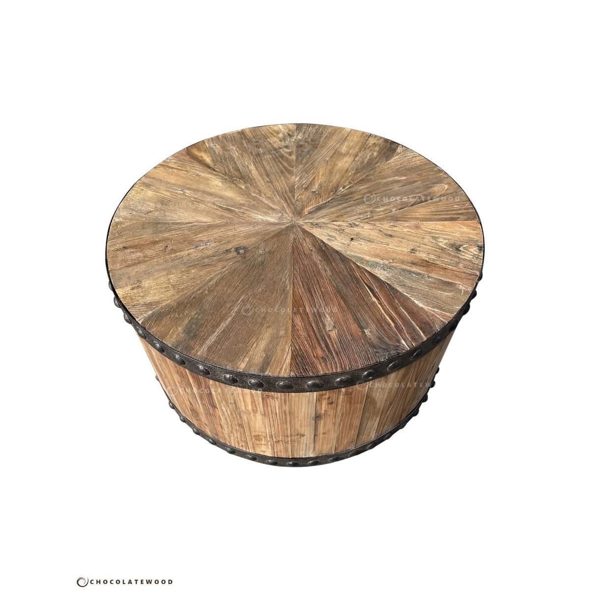 DUNLOE RECYCLED ELM PARQUET DRUM COFFEE TABLE WITH DARK IRON RING - MyChocolateWood
