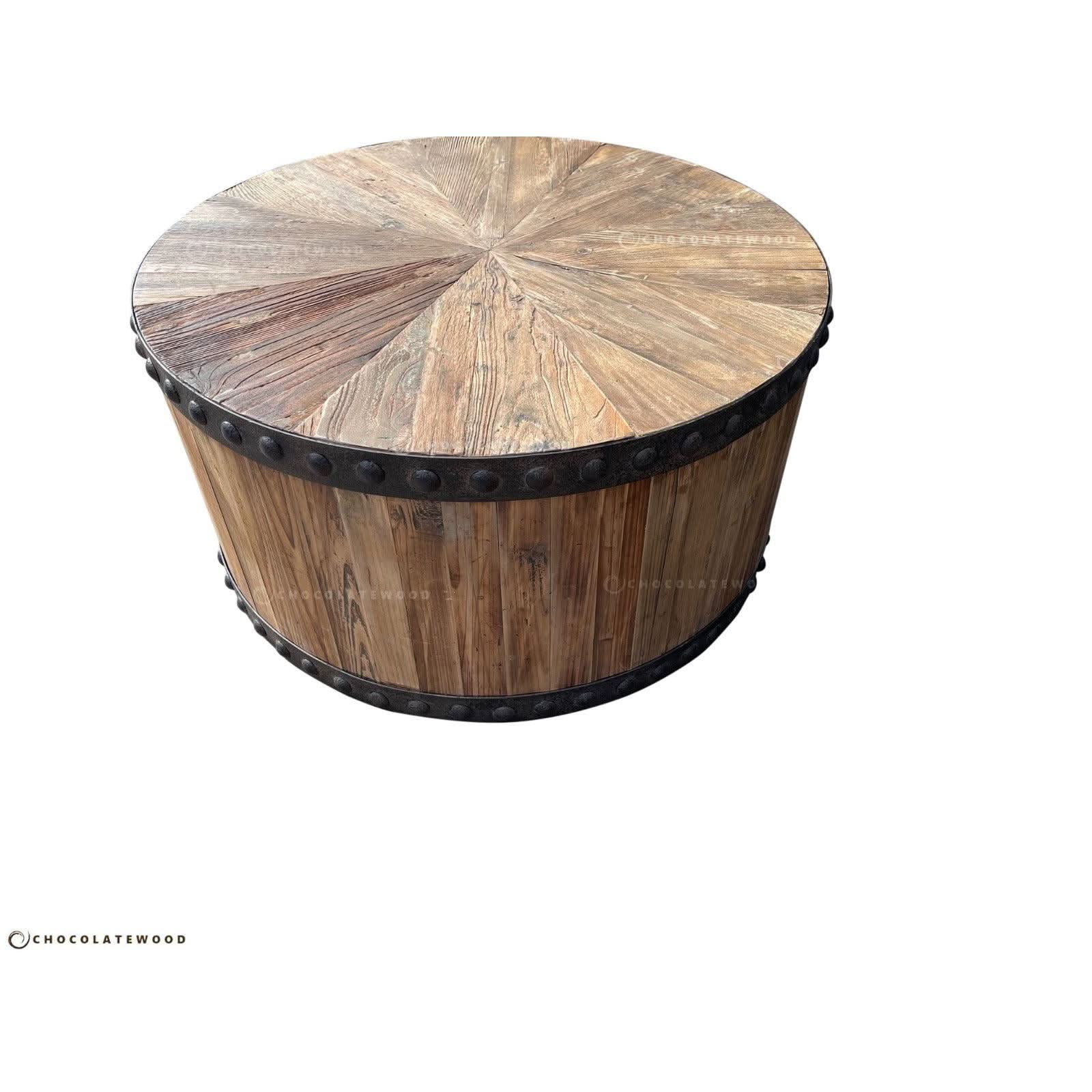 DUNLOE RECYCLED ELM PARQUET DRUM COFFEE TABLE WITH DARK IRON RING - MyChocolateWood
