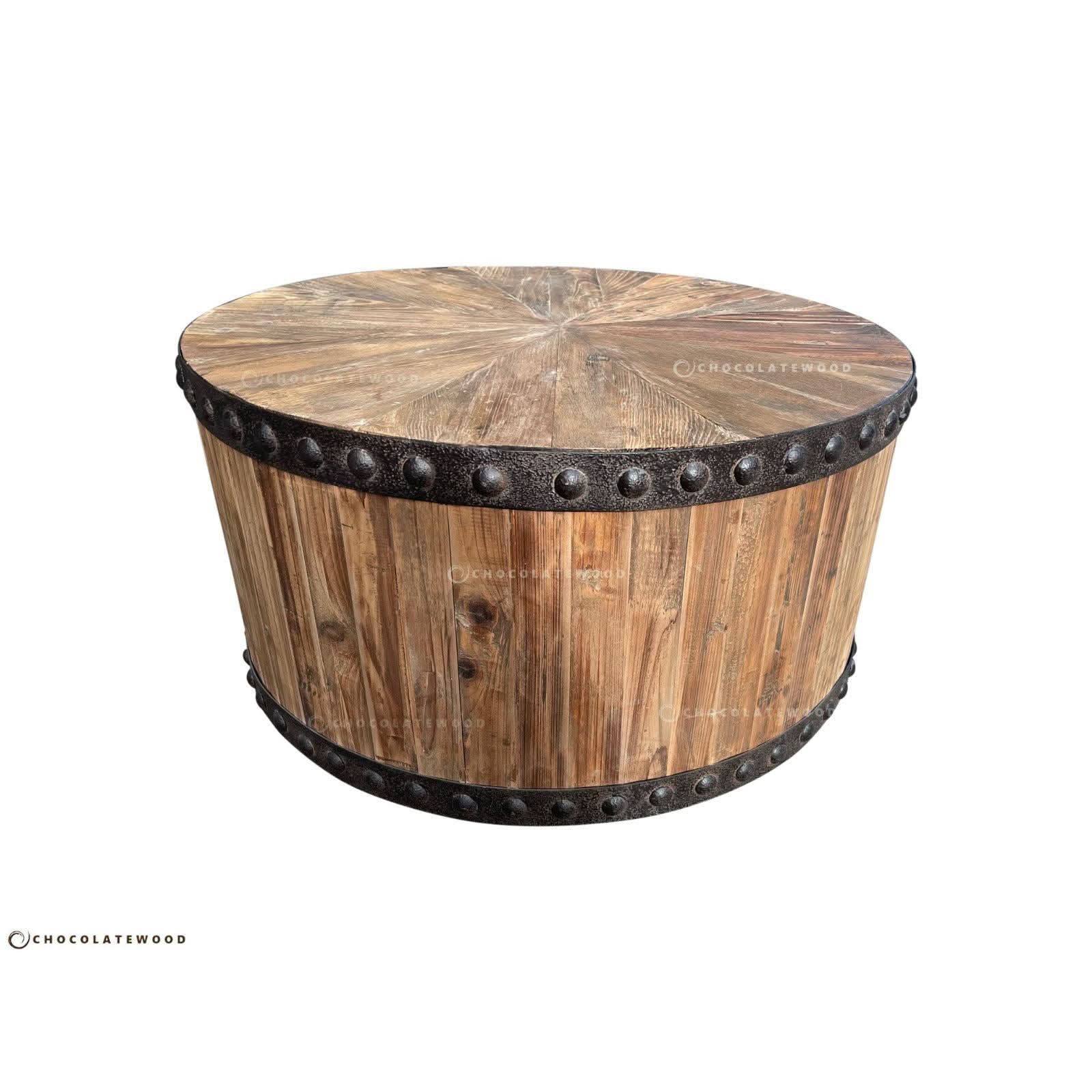 DUNLOE RECYCLED ELM PARQUET DRUM COFFEE TABLE WITH DARK IRON RING - MyChocolateWood