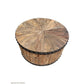 DUNLOE RECYCLED ELM PARQUET DRUM COFFEE TABLE WITH DARK IRON RING - MyChocolateWood