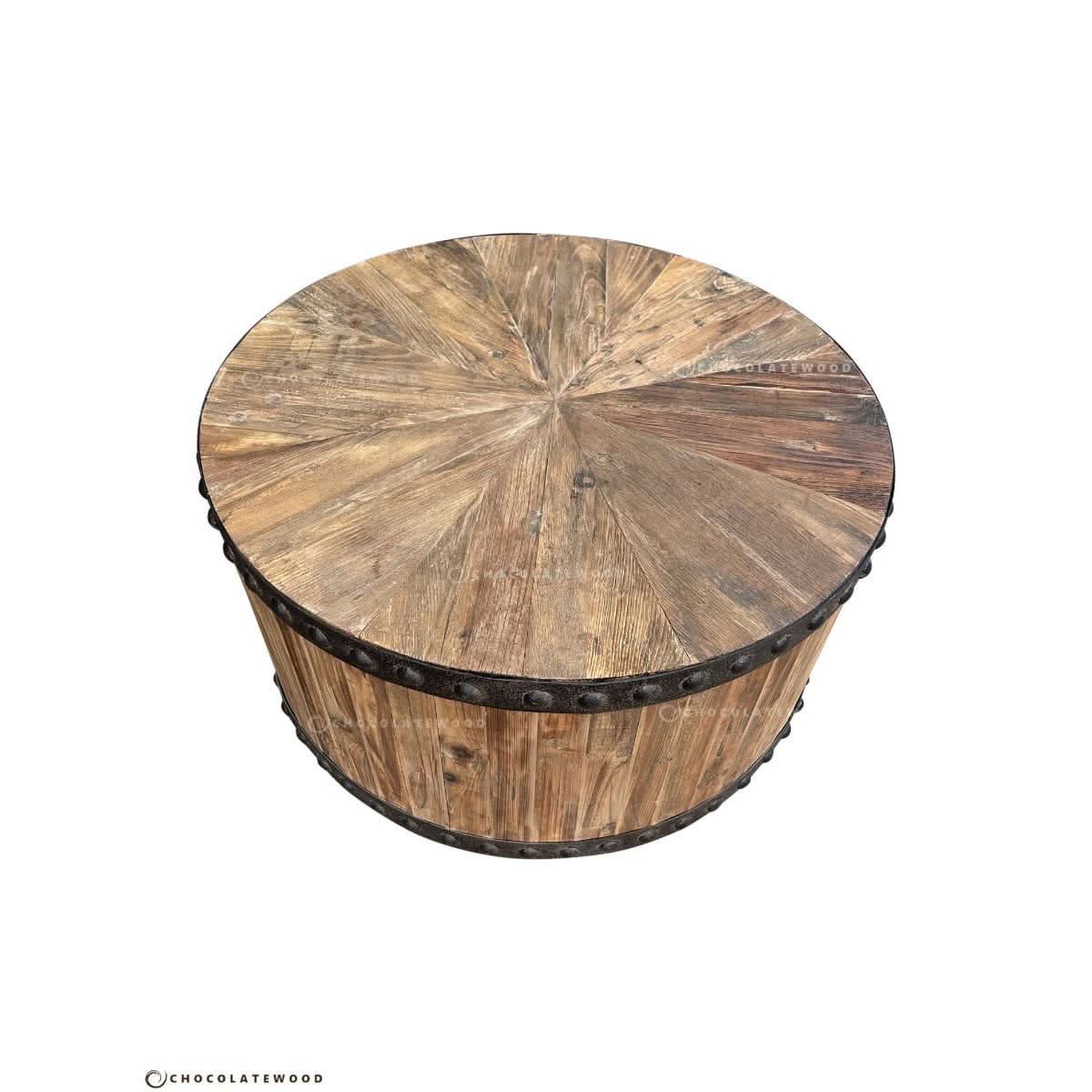 DUNLOE RECYCLED ELM PARQUET DRUM COFFEE TABLE WITH DARK IRON RING - MyChocolateWood