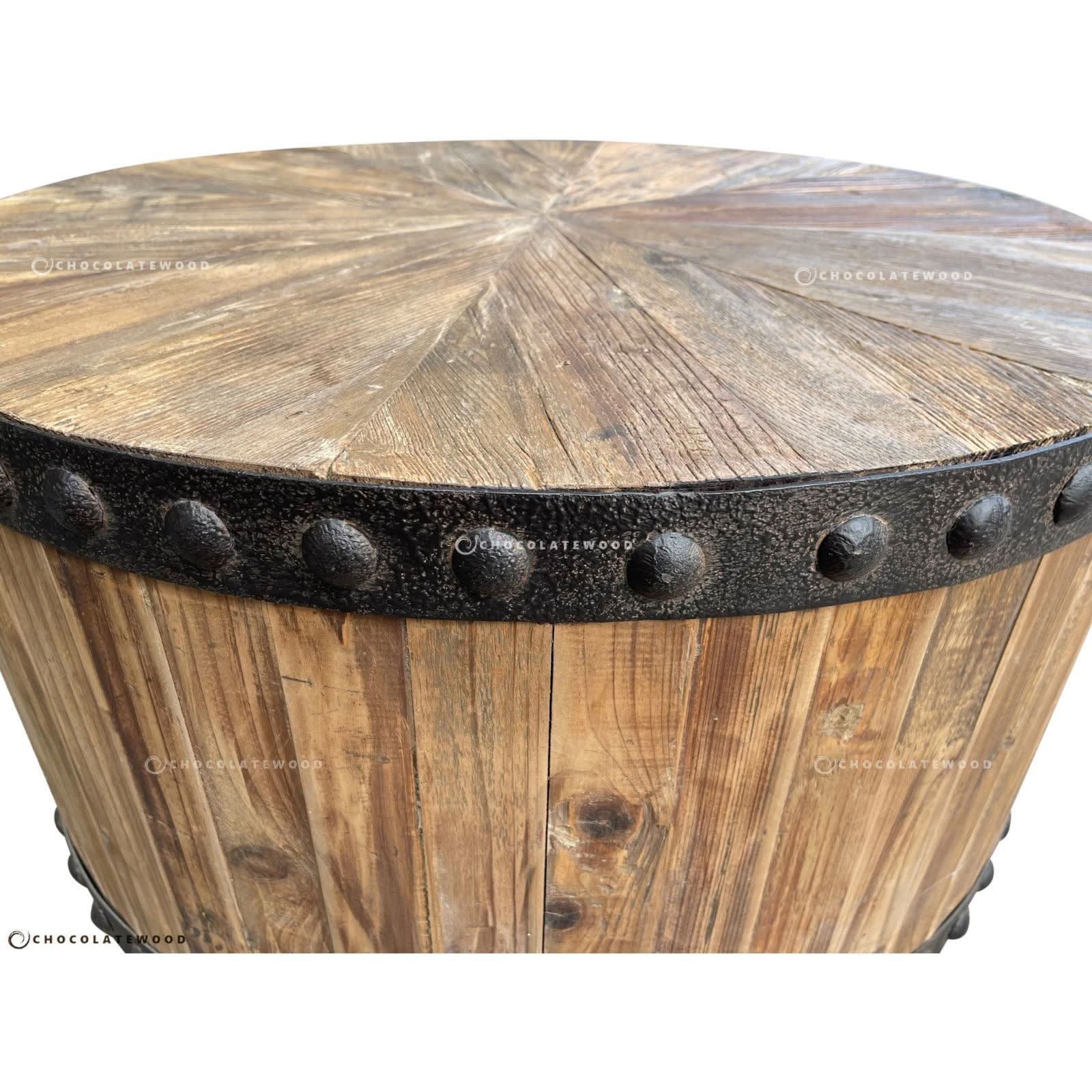 DUNLOE RECYCLED ELM PARQUET DRUM COFFEE TABLE WITH DARK IRON RING - MyChocolateWood