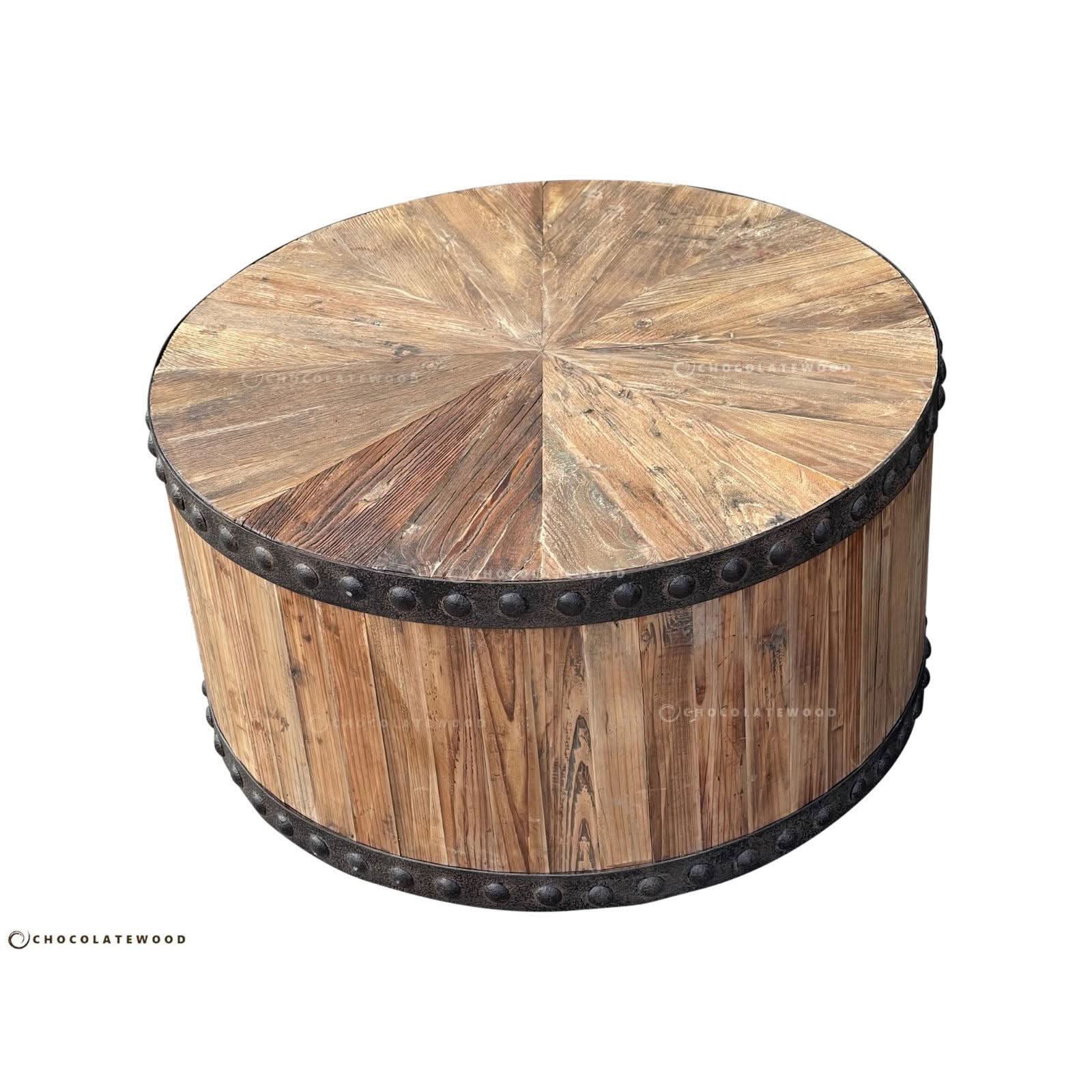 DUNLOE RECYCLED ELM PARQUET DRUM COFFEE TABLE WITH DARK IRON RING - MyChocolateWood