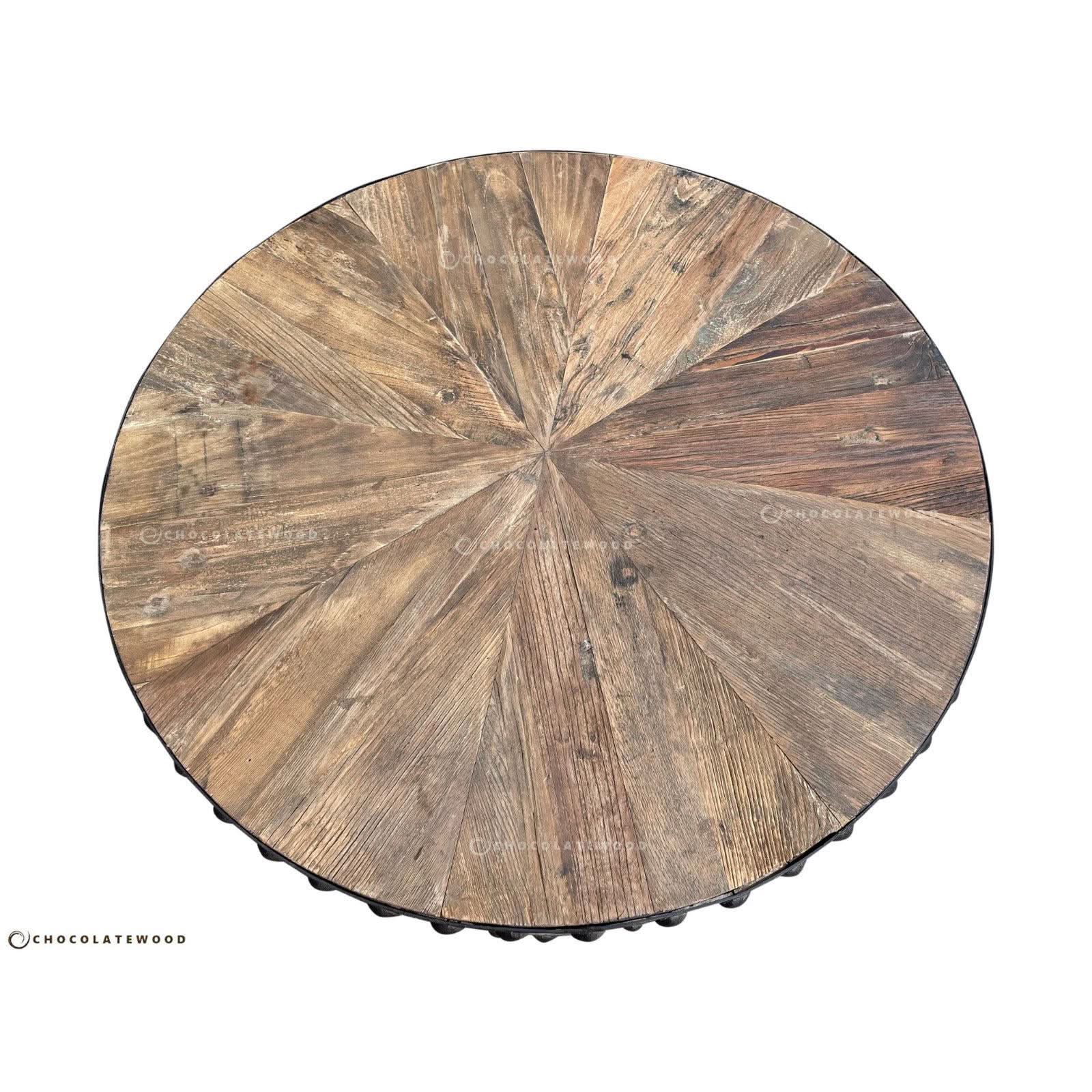 DUNLOE RECYCLED ELM PARQUET DRUM COFFEE TABLE WITH DARK IRON RING - MyChocolateWood