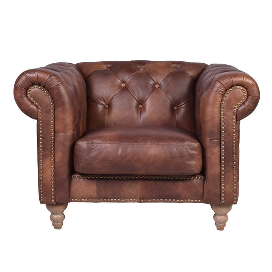ELAINE AGED LEATHER ARMCHAIR IN DISTRESSED BROWN - MyChocolateWood