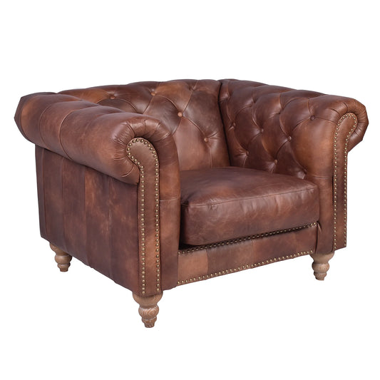 ELAINE AGED LEATHER ARMCHAIR IN DISTRESSED BROWN - MyChocolateWood
