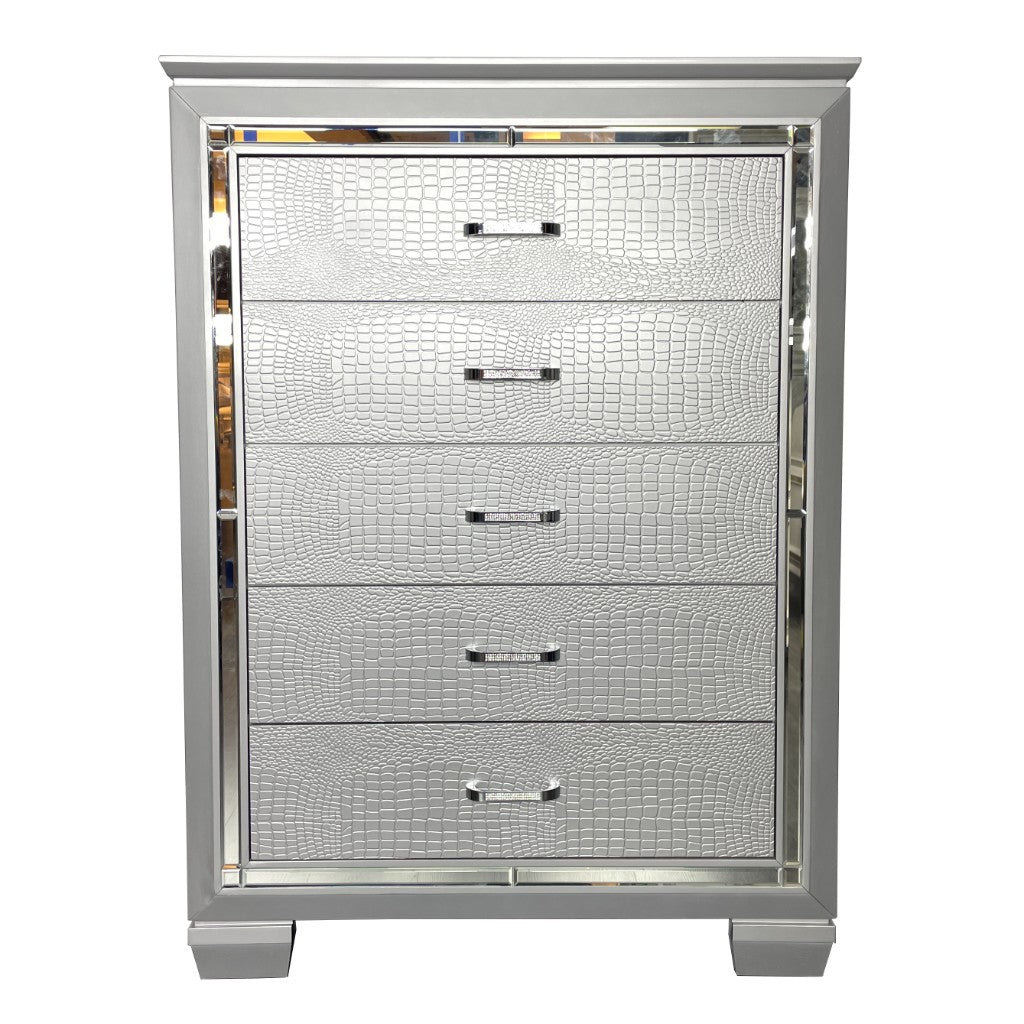 ELARA  RUBBERWOOD 5-DRAWER TALLBOY CHEST OF 5 DRAWERS SILVER