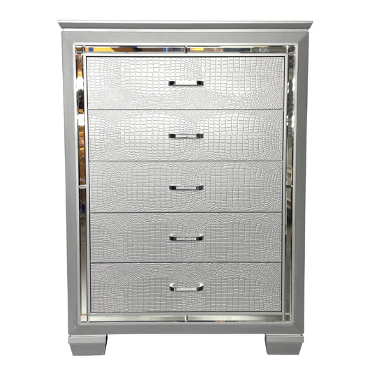 ELARA  RUBBERWOOD 5-DRAWER TALLBOY CHEST OF 5 DRAWERS SILVER
