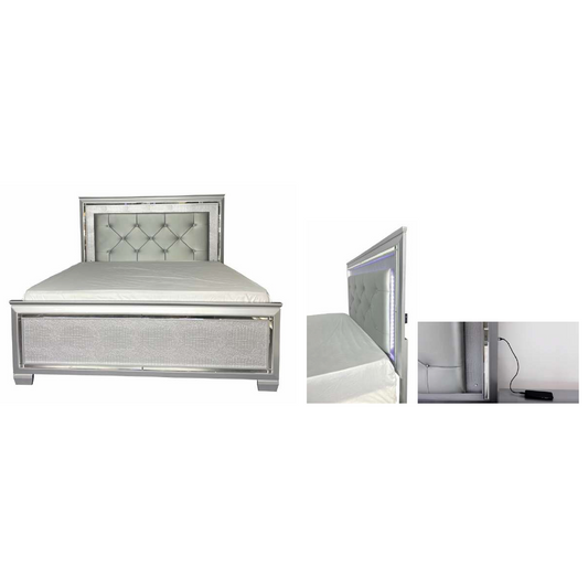 ELARA  RUBBERWOOD QUEEN BED WITH LED LIGHT - SILVER