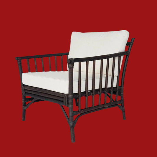 EVA DARK BROWN RATTAN CHAIR, ARMCHAIR, ACCENT CHAIR WHITE UPHOLSTERY - MyChocolateWood