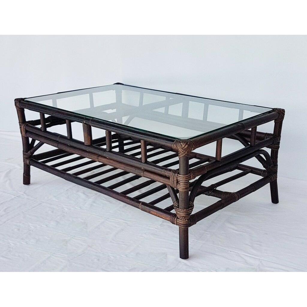 EVA RATTAN RECTANGULAR COFFEE TABLE - GLASS TOP - DARK BROWN - MyChocolateWood