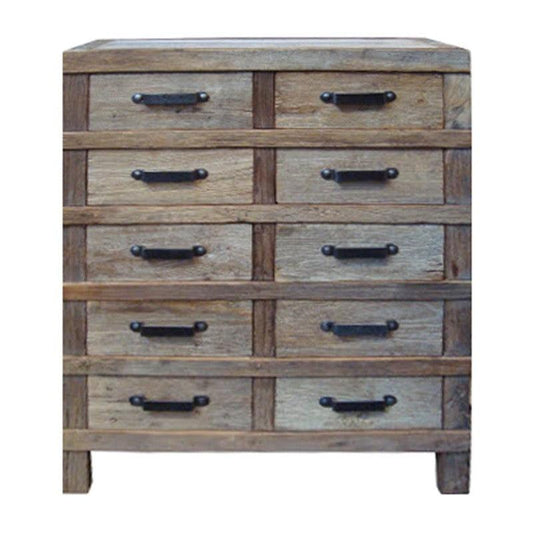 FAIRMONT RECYCLED ELM TALLBOY/ CHEST OF 10 DRAWERS IRON HANDLES INDUSTRIAL - MyChocolateWood