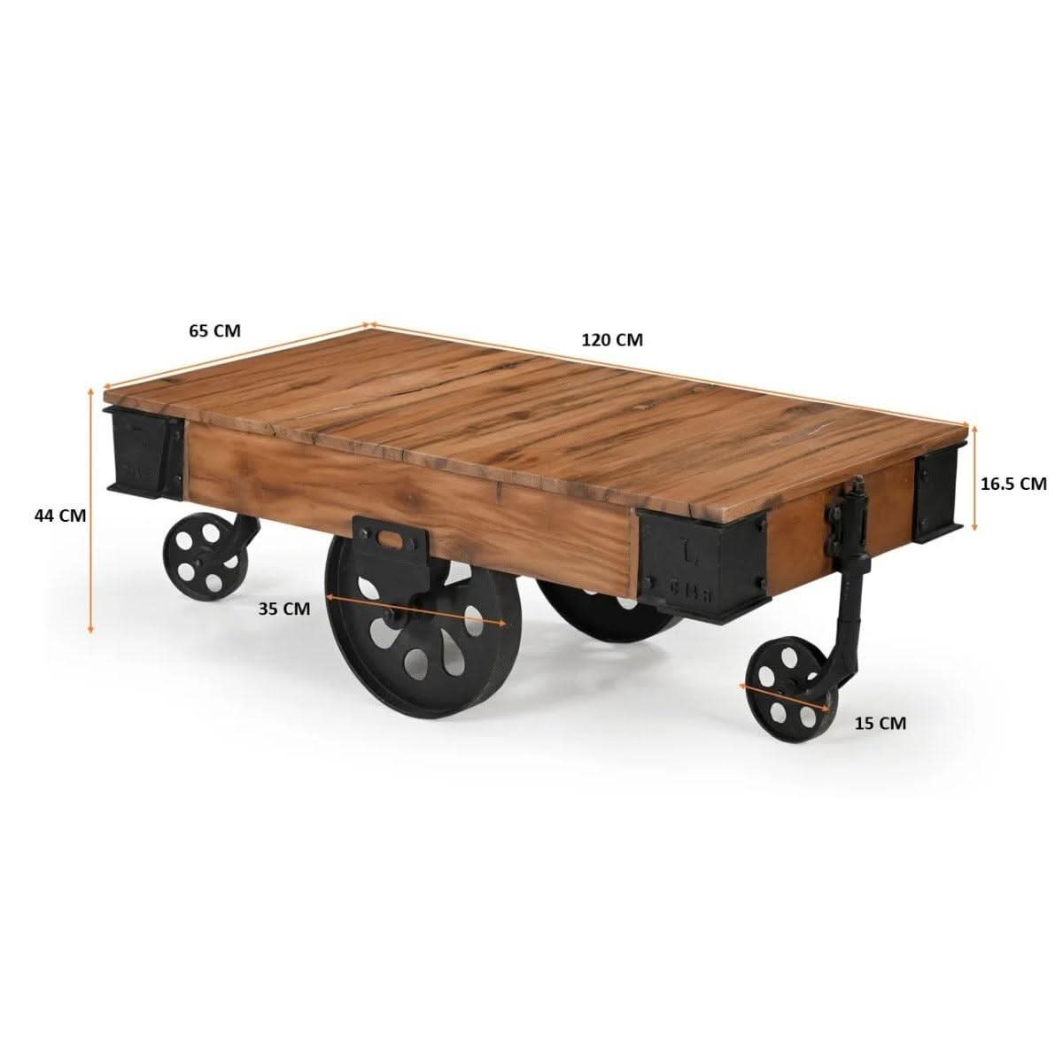 FARINGTON OLD RECYCLED RAILWAY SLEEPER TIMBER & METAL INDUSTRIAL CART COFFEE TABLE 120CM - MyChocolateWood