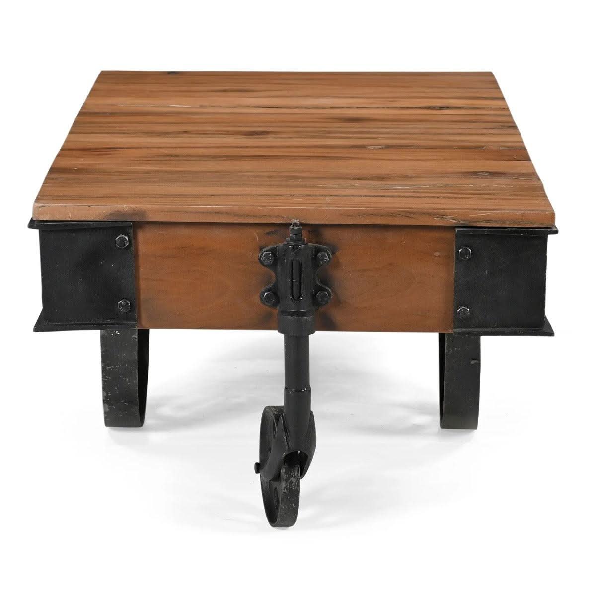 FARINGTON OLD RECYCLED RAILWAY SLEEPER TIMBER & METAL INDUSTRIAL CART COFFEE TABLE 120CM - MyChocolateWood