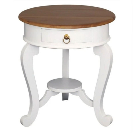 FRANCIS CABRIOL LEG SOLID MAHOGANY TIMBER ROUND LAMP TABLE- WHITE/CARAMEL - MyChocolateWood