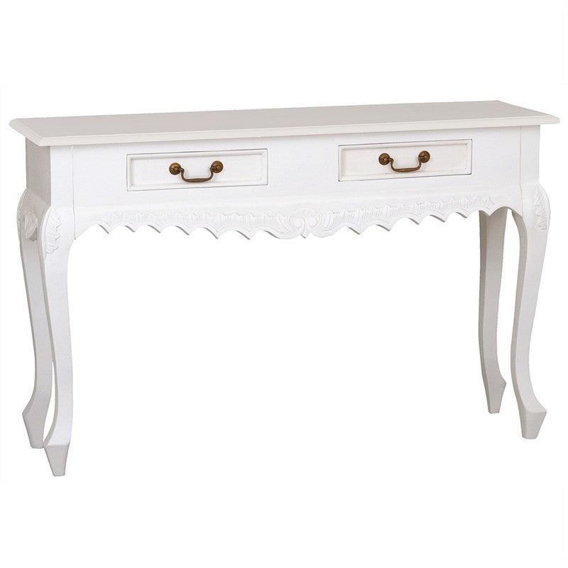 GABRIELLE QUEEN ANN CARVED SOLID MAHOGANY 2 DRAWERS 120CM CONSOLE TABLE/HALL TABLE IN SOLID WHITE - MyChocolateWood