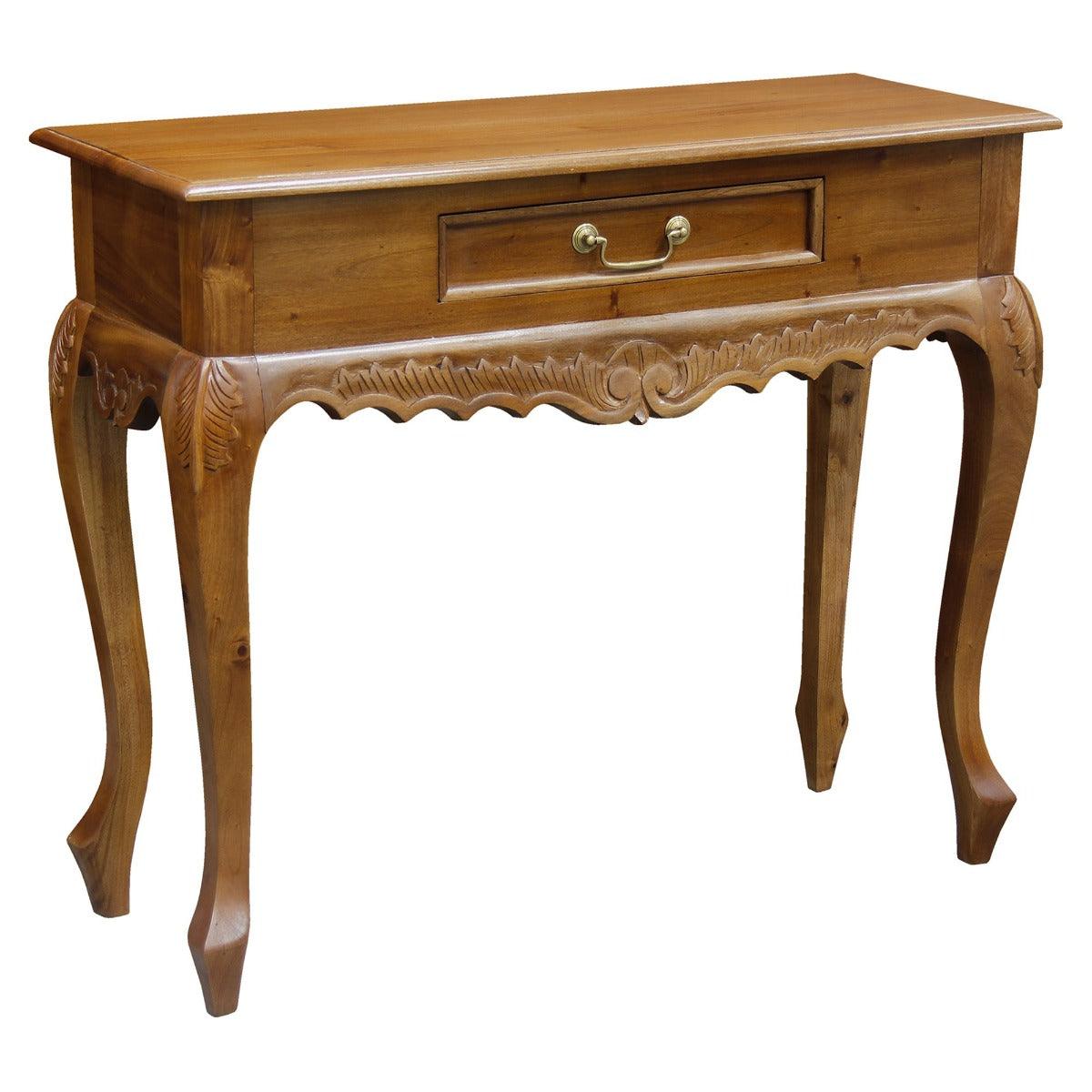 GABRIELLE QUEEN ANN CARVED SOLID MAHOGANY CONSOLE TABLE/HALL TABLE 1 DRAWER IN LIGHT PECAN 90CM - MyChocolateWood