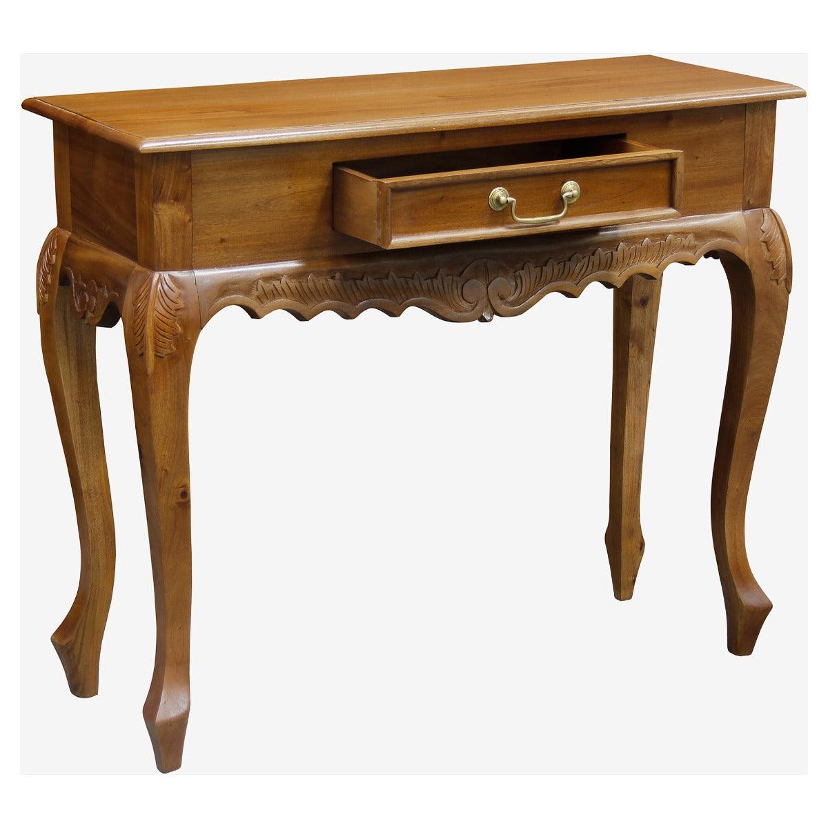 GABRIELLE QUEEN ANN CARVED SOLID MAHOGANY CONSOLE TABLE/HALL TABLE 1 DRAWER IN LIGHT PECAN 90CM - MyChocolateWood