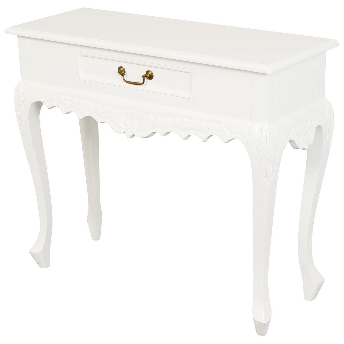 GABRIELLE QUEEN ANN SOLID MAHOGANY CARVED CONSOLE TABLE 1 DRAWER IN SOLID WHITE 90CM - MyChocolateWood