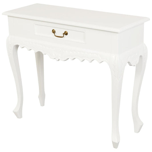 GABRIELLE QUEEN ANN SOLID MAHOGANY CARVED CONSOLE TABLE 1 DRAWER IN SOLID WHITE 90CM - MyChocolateWood