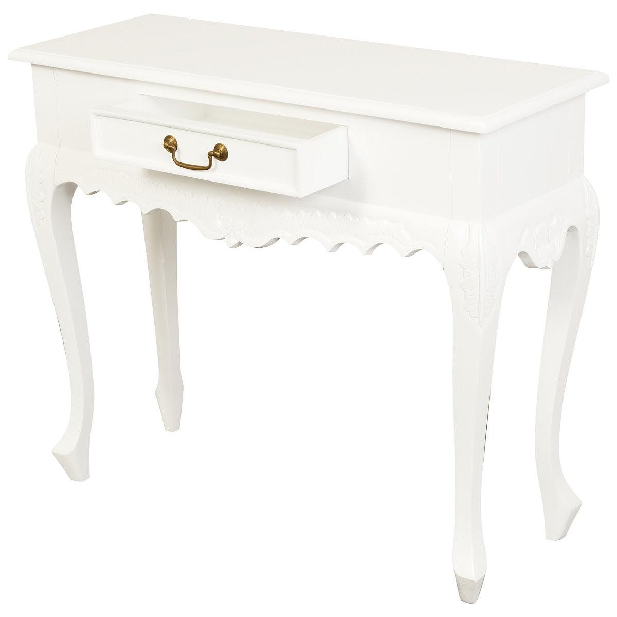 GABRIELLE QUEEN ANN SOLID MAHOGANY CARVED CONSOLE TABLE 1 DRAWER IN SOLID WHITE 90CM - MyChocolateWood